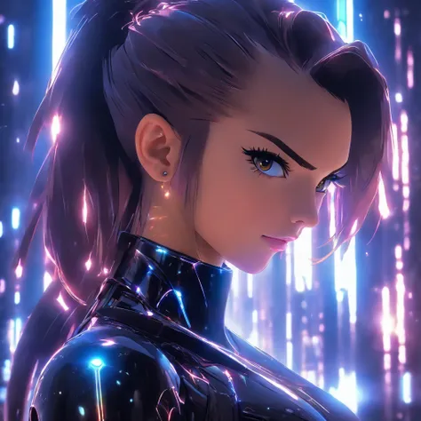 Realistic, unreal engine, beautiful woman with brunette ponytail hair wearing black reflective coating futuristic armor, matrix background, half-body shot, anamorphic lens flare effect