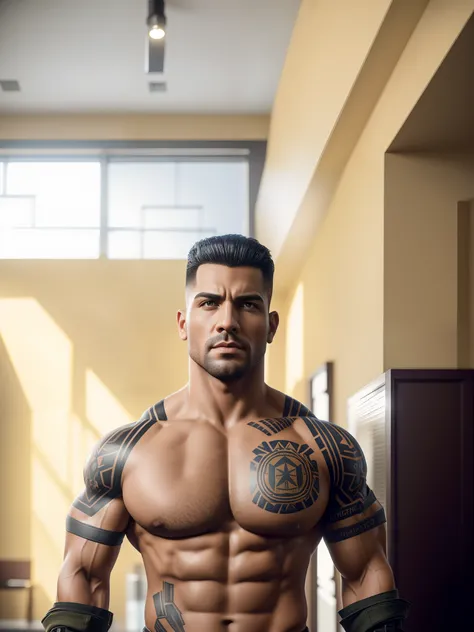 Cinematic soft lighting illuminates a stunningly detailed and ultra-realistic hyper muscular rough handsome James Vega of Mass Effect, ((wearing a open military light jacket with no sleeves)), revealing two large solid-black tribal tattoos that started at ...