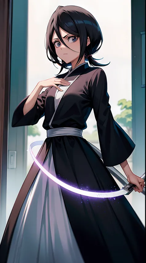 Alta qualidade, melhor qualidade, 4k, 8k, luzes, 1 girl, Kuchiki Rukia, Bankai, Bankai Hakka no Togame, Vestido branco elegante, cabelo branco, cabelo curto, olhos roxos, cabelo curto, ao ar livre, obra prima