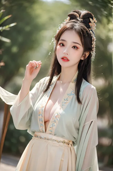 ((Best Quality, 8k, Masterpiece: 1.3)), Focus: 1.2, Perfect Body Beauty: 1.4, Buttocks: 1.2, ((Layered Haircut)), (Wet Clothes: 1.1), (Rain, Street:1.3), (Breasts: 1.2), (Hanfu: 1.2), Bare Shoulders, Bare Legs, Highly Detailed Face and Skin Texture, Fine E...