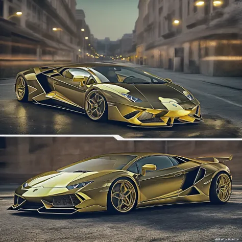 lamborghini，sportscar，Shiny gold，20 inch tires，Masterpiece，high-detail，perfect-composition，the golden ratio，8K