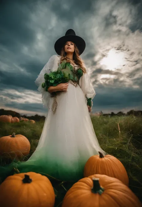 Cute Ghost Halloween Ultra Wide Angle, kanon, f/4.0, hyper HD, 巨作, Best quality, A high resolution, Award-Awarded, 16k，Alchemy，steampunc，the bats，dreamy sky，Light green clouds，pumpkins，Green aurora