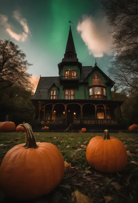 Cute Ghost Halloween Ultra Wide Angle, kanon, f/4.0, hyper HD, 巨作, Best quality, A high resolution, Award-Awarded, 16k，Alchemy，steampunc，the bats，dreamy sky，Light green clouds，pumpkins，Green aurora