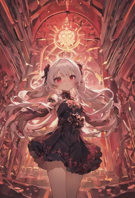 red color eyes，Long white hair that hangs down to the heels，Facial paralysis little loli，Black Goth Loli，Wearing black lace stockings，high qulity，filigree，the detail，small loli，adolable