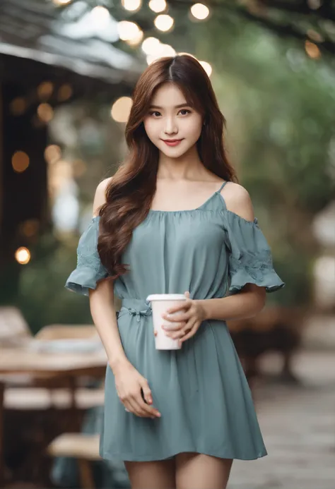 There is a young girl holding coffee in her hand, girl cute-fine-face, Cute natural face, cute - fine - face, sakimichan, chiho, 奈良美智, Young cute face, the face of a beautiful Japanese girl, brown hair and large eyes, cute kawaii girl, beautiful light big ...