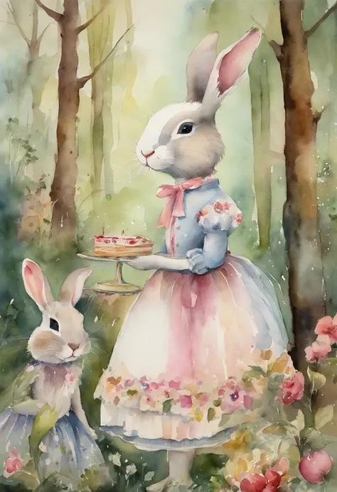 In a dense forest，florals，bunny，tea party，desserts，offcial dress，Fairytales，adolable，aquarelle