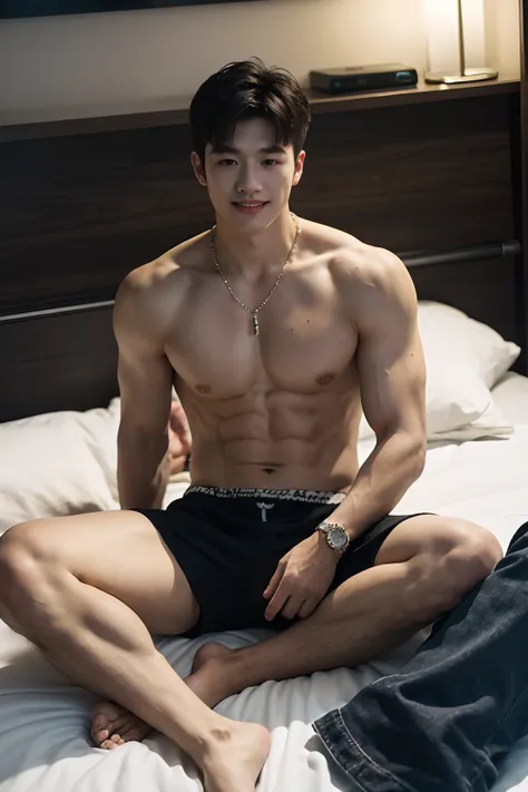 Realistic, (Masterpiece, Top quality, Best quality, offcial art), Very detailed, Most detailed, God, Short hair, Black hair, Handsome man,  necklace,  pectoral, Abs, Brown skin, Blue eyes, Handsome， Muscular, ((Wide shoulders and wide waist)), Shirtless,We...