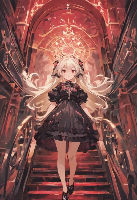 red color eyes，Long white hair that hangs down to the heels，Facial paralysis little loli，Black Goth Loli，Wearing black lace stockings，high qulity，filigree，the detail，small loli，adolable，Kazilans eyes widened，The background is gorgeous