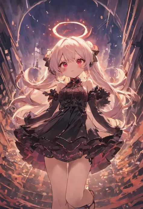 red color eyes，Long white hair that hangs down to the heels，Facial paralysis little loli，Black Goth Loli，Wearing black lace stockings，high qulity，filigree，the detail，small loli，adolable，By the sea，beautiful weather，On the beach