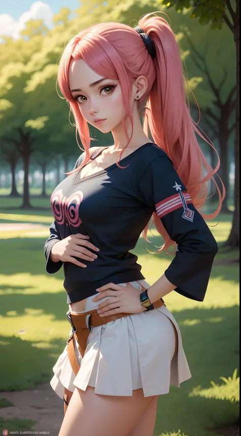 uma mulher com um cabelo castanho e mecha colorida e uma saia xadrez e uma blusa colegial em um parque, sideways pose looking at the camera, Arte no estilo de Guweiz, aluna hiperrealista, arte de anime digital, uma aluna hiperrealista, Estudante realista, ...