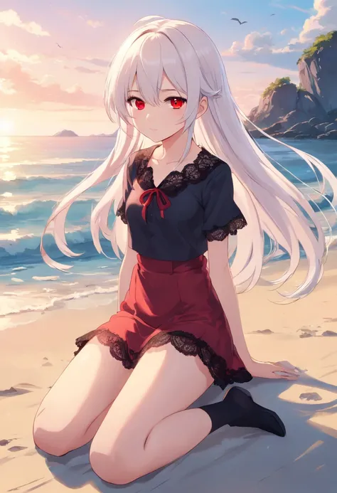 red color eyes，Long white hair that hangs down to the heels，Facial paralysis little loli，Black Goth Loli，Wearing black lace stockings，small loli，adolable，By the sea，beautiful weather，On the beach