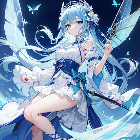 Hands with a hint of blue，White figure eight bangs，Fairies in soft clothes flutter blue and white yarn，She is a fairy-like sword cultivator girl