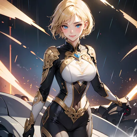 1girl, Wide hips, naughty smile, Skindentation, blush,18 yo girl, charming super hero suit, short blunt hair, blonde, beautiful face, rain, masterpiece, intricate detail, perfect anatomy --auto