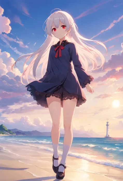 red color eyes，Long white hair that hangs down to the heels，Facial paralysis little loli，Black Goth Loli，Wearing black lace stockings，high qulity，filigree，the detail，small loli，adolable，By the sea，beautiful weather，On the beach