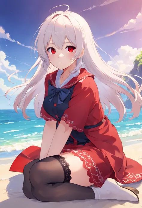 red color eyes，Long white hair that hangs down to the heels，Facial paralysis little loli，Black Goth Loli，Wearing black lace stockings，high qulity，filigree，the detail，small loli，adolable，By the sea，beautiful weather，On the beach