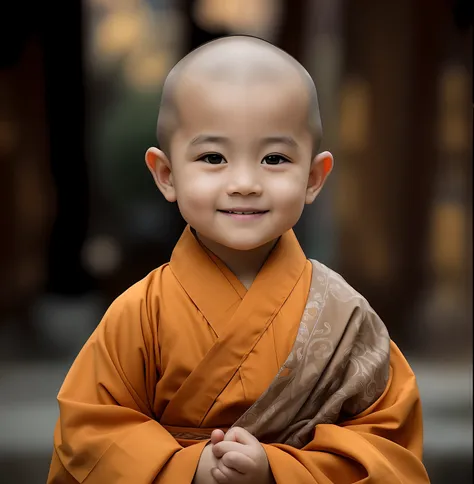 The robed Araved child smiled and held a small hand, portrait of monk, buddhist monk, monk clothes, monk, a serene smile, wearing brown robes, 2 1 st century monk, Serene expression, lovely digital painting, Buddhist, peaceful expression, little shy smile,...