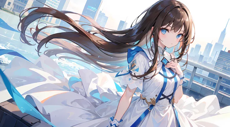 1girl, long brown hair, blue eyes, wearing white dress, city, high res, ultrasharp, 8K, masterpiece, looking at viewer