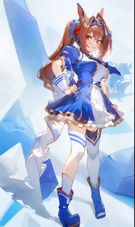 anime girl in blue dress and boots standing on stage, from the azur lane videogame, ayaka genshin impact, marin kitagawa fanart,...