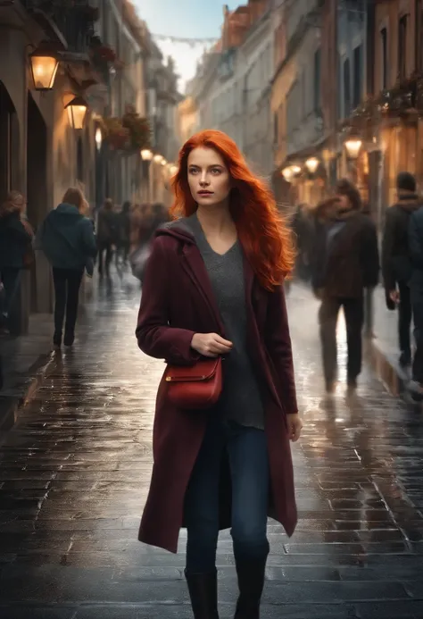 While walking on the street, the red-haired girl focuses on the poster and draws a picture of the street