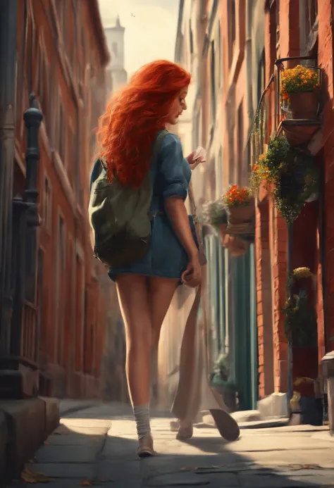 While walking on the street, the red-haired girl focuses on the poster and draws a picture of the street