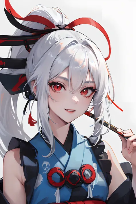 (masuter piece,Best Quality,Ultra-detailed), (A detailed face), portlate,Young girl, long white hair, high ponytail, red eyes, blue sleeveless samurai kimono, smile, masterpiece, high quality