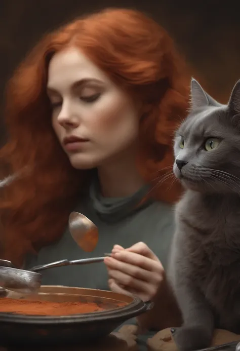 redhead girl painting gray cat with palette on extinct mars