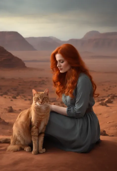 redhead girl painting gray cat with palette on extinct mars