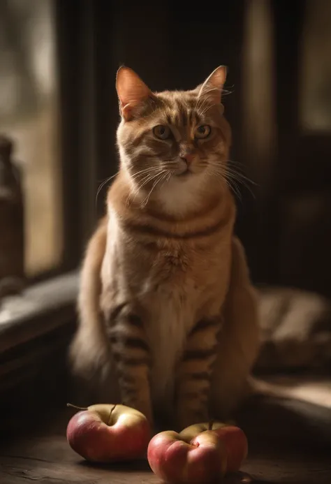 Cat eating an apple. foto ultra realista, colorido, intrincado, ultra detailed artistic photography, Aura noturna colorida, Sombras, oil on the canvas, Pinceladas, liso, Ultra High Definition, 32k, Ultra sharp focus, obra-prima de arte intrincada, agourent...