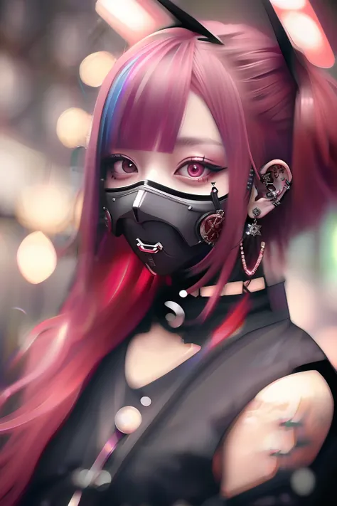 bright red、Really red、red、Red-haired、rot、red hairs、head phone、🎧、goth_punk, 1girl in, 独奏, medium shot, Walking in Harajuku, ((during night)), bokeh dof, Neon light, Iridescent eyes, starrysky, red glowing hair, Black eyebrows, Radiant hair, (iridescent red ...