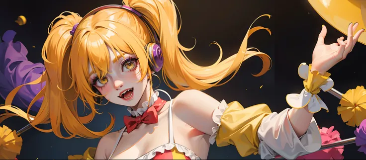 girl with yellow hair and yellow eyes, clown girl, clown makeup, circus vibes, high quality, pigtails, clown, red clown nose, colorful headphones, colorful circus and clown vibes, bangs, fangs, yellow eyebrows, fun pose, dynamic lights