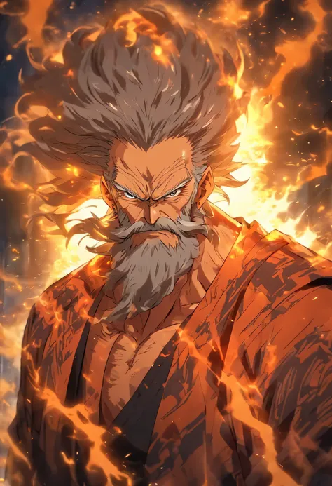 Scary looking old man, Amazing hair and beard, brunette color hair，There are a few gray hairs, A lot of wrinkles, Tired but scary eyes, Big man, Orange shirt, Black pants, DOA