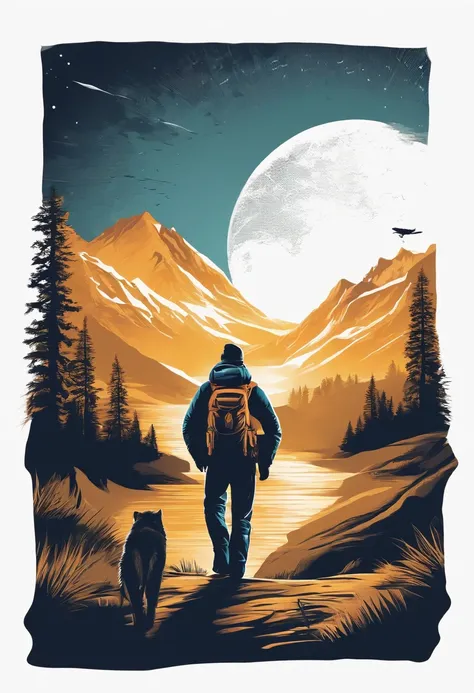 print ready vector t-shirt design, adventure scene with explorer, with beautiful nocturnal sun and mountain and an animal in the background, clean white background, professional vector, full shot, 8K resolution, deep impression illustration