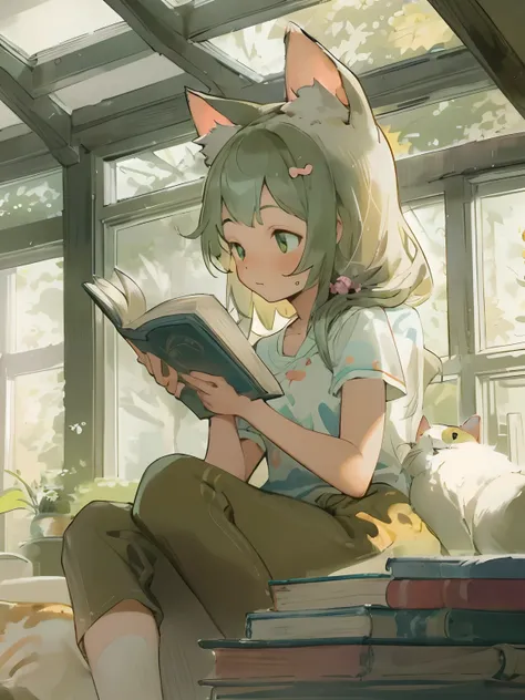 ​masterpiece, top-quality, 1girl in, The upper part of the body,number of people: One Action: Cat Eared Girl Reading Time: Daytime location: Living room by the window Situation: A quiet moment in the world view of a cute cat-eared girl: Comfortable room at...