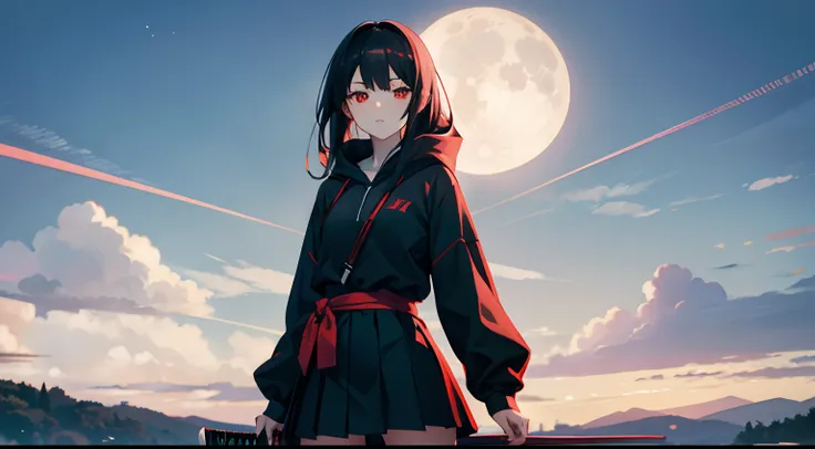 anime girl with red eyes and black hair wearing a black hoodie and short skirt and holding a samurai sword in her waist in the moonlight sky