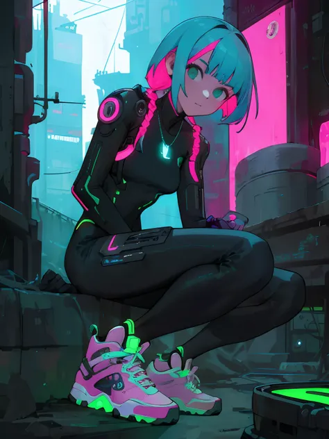 ​masterpiece, top-quality, 1girl in, The upper part of the body,Historical Background: Cyberpunk cities of the near future、country: Nucor City、hairstyle on: Long, neon-colored hair、garments: Cyberpunk bodysuits、shoe: High-tech sneakers、accessorized: LED li...