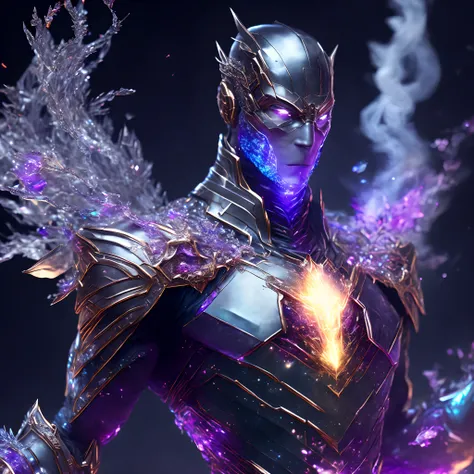 Close-up ( Crystal man from Marvel in Goth style: 1.3) emerging from multi colored crystal, extremely detailed, smoke, sparks, metal shavings, flying debris, volumetric light