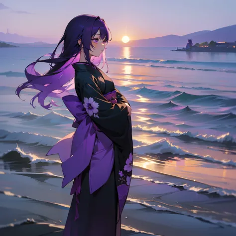 (Beautifully Aesthetic:1.2)、(1girl in:1.3)、（long black and purple hair:1.2)、Wearing a colorful kimono in black and purple、Hamacion、Hamacion flower、recall、Forget、shores、the setting sun、fanciful、Viola、tears、Background with、landscapes