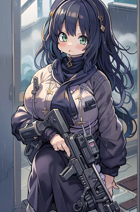 Huge assault rifle、Long sideburns、Anime-style girl with beautiful whole body, Little Girl,clean detailed faces, ciber,analogous colors, Glowing shadows, beautiful gradients, depth of fields, CLEAN IMAGE, High quality,Black Parker Closing、 high detailing, H...