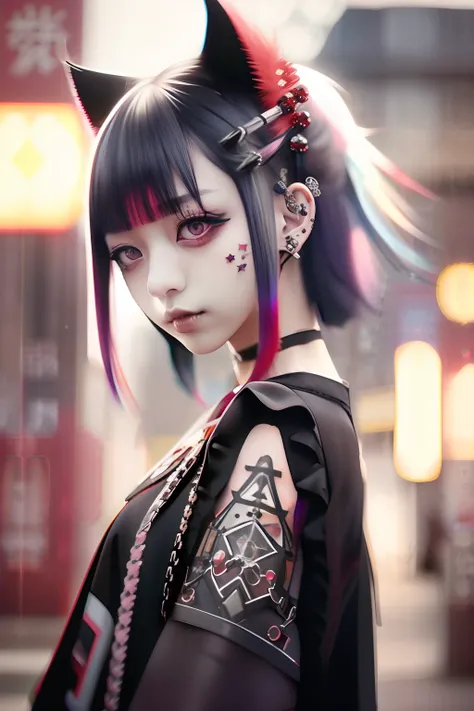 Sleeveless、tattoo、bob cuts、bright red、Really red、Red、Red-haired、rot、red hairs、head phone、🎧、goth_punk, 1girl in, 独奏, medium shot, Walking in Harajuku, ((during night)), bokeh dof, Neon light, Iridescent eyes, starrysky, red glowing hair, Black eyebrows, Rad...