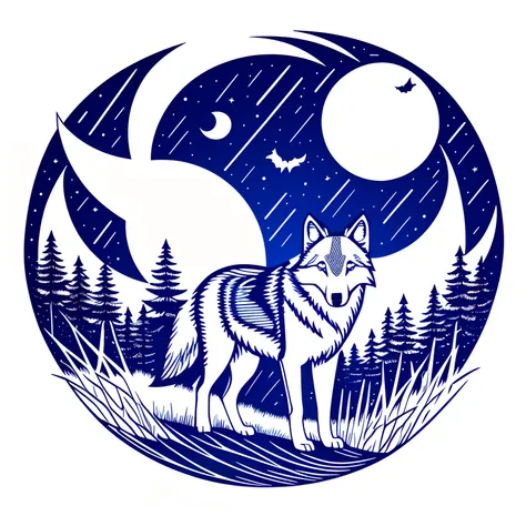 Vector shirt design, simple vector art with white outlines. A charming wild wolf with a half moon behind it. Bats flying in the sky, trees creeping from the sides, cinematic ultra lighting --auto