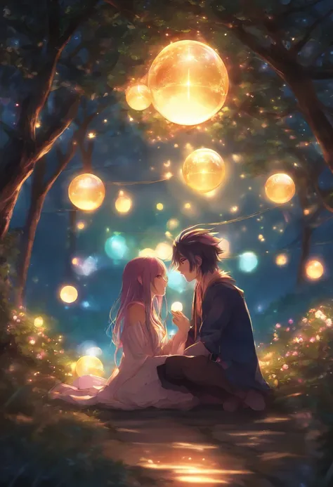 Anime couple sitting on the ground，With glowing spheres, no game no life, beautiful fantasy anime, anime in fantasy style, zerochan art, hd anime wallaper, Anime fantasy artwork, anime wallaper, ethereal anime, Beautiful anime, Anime fantasy illustration, ...