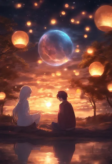 Anime couple sitting on the ground，With glowing spheres, no game no life, beautiful fantasy anime, anime in fantasy style, zerochan art, hd anime wallaper, Anime fantasy artwork, anime wallaper, ethereal anime, Beautiful anime, Anime fantasy illustration, ...