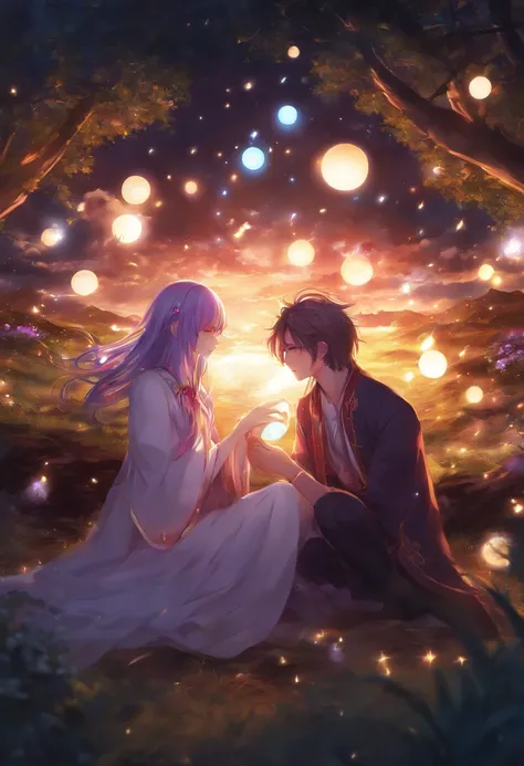 Anime couple sitting on the ground，With glowing spheres, no game no life, beautiful fantasy anime, anime in fantasy style, zerochan art, hd anime wallaper, Anime fantasy artwork, anime wallaper, ethereal anime, Beautiful anime, Anime fantasy illustration, ...