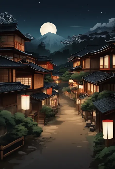 Japan village scene during the night with no people , clean white background, professional vector, full shot, 8K resolution, deep impression illustration