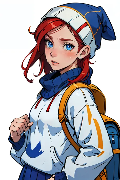 4k master piece, high detail, white background, exterior, close up of 1girl, single girl, solo, of a red haired girl with blue eyes, wearing a dark blue sweater and blue beanie, and wearing a yellow backpack, crying