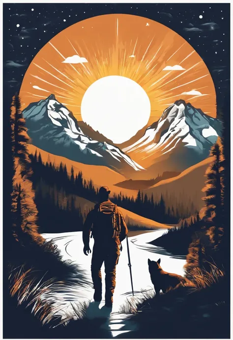 print ready vector t-shirt design, adventure scene with man explorer, with beautiful nocturnal sun and mountain and an animal in the background, clean white background, professional vector, full shot, 8K resolution, deep impression illustration