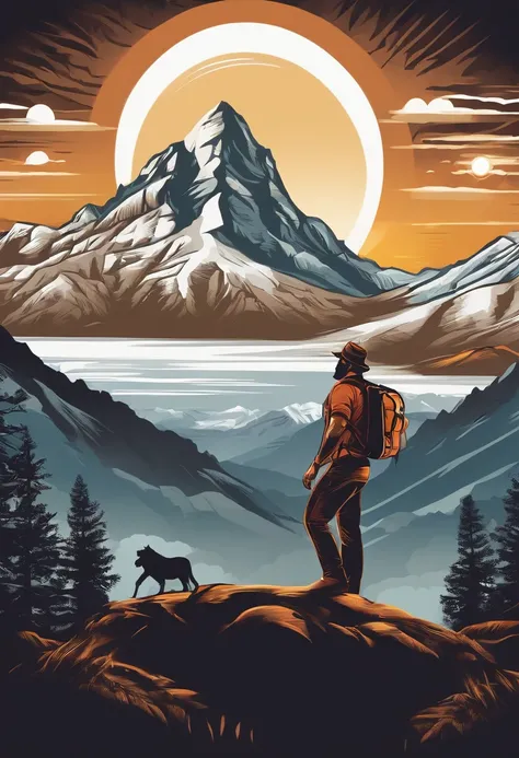 print ready vector t-shirt design, adventure scene with man explorer, with beautiful nocturnal sun and mountain and an animal in the background, clean white background, professional vector, full shot, 8K resolution, deep impression illustration