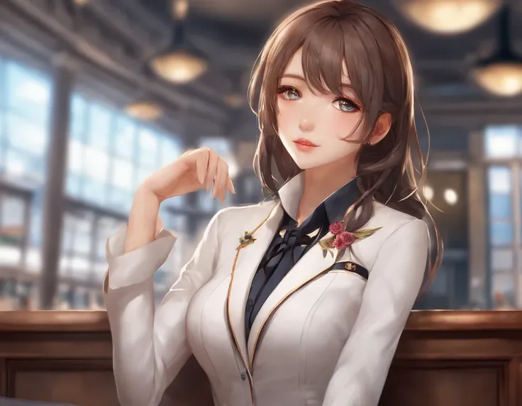 masutepiece, Best Quality, Illustration, Ultra-detailed, finely detail, hight resolution, 8K Wallpaper, Perfect dynamic composition, Beautiful detailed eyes,  Natural Lip,Blazer ,School uniform, cleavage, Full body,Put your hands in your pockets