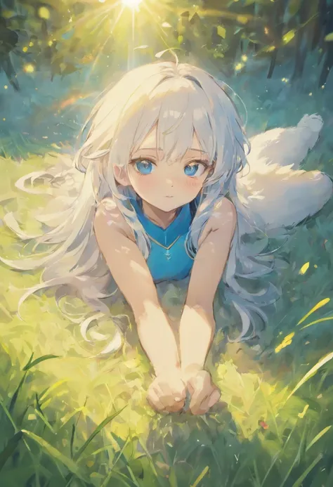 White-haired cat-eared girl、Beautiful skin、Blue eyes，Lie on the grass and look up at the stars