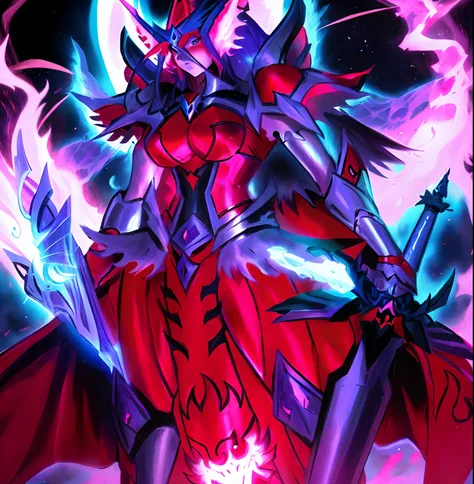 Un primer plano de un dibujo de una mujer con una espada, Slifer the dragon of the sky, Gurren Lagan, Blindado de conjuro de llamas, draconic looking armor, dragon knight, glamorosa angewoman digimon, mystical anubis valkyrie, Mika Kurai Demonio, Ilustraci...